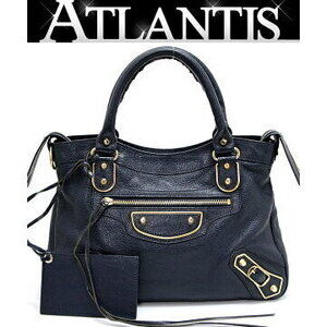 Balenciaga Metallic City Handbag Navy Blue Leather